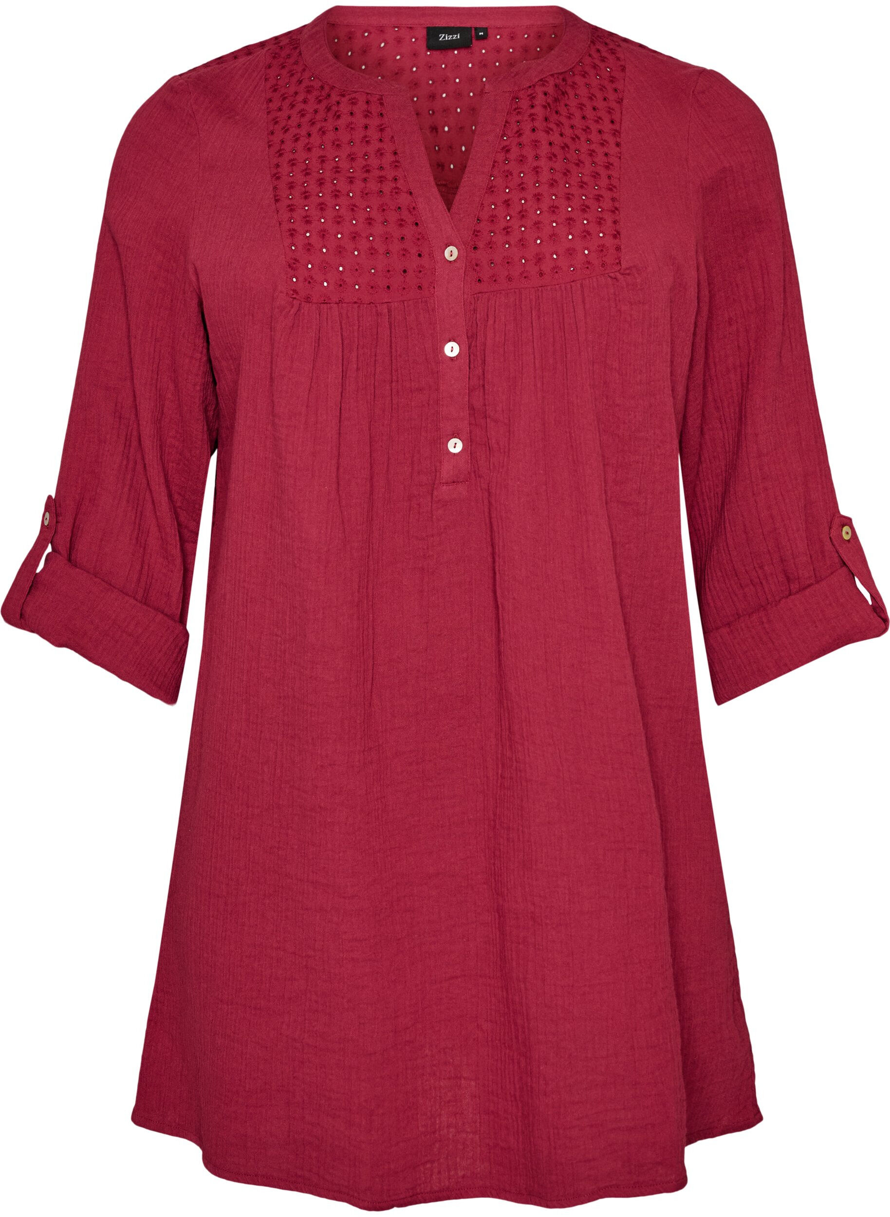 ZizziBomullsmuslin tunika med broderie anglaise, R&oslash;d, Packshot image number 0