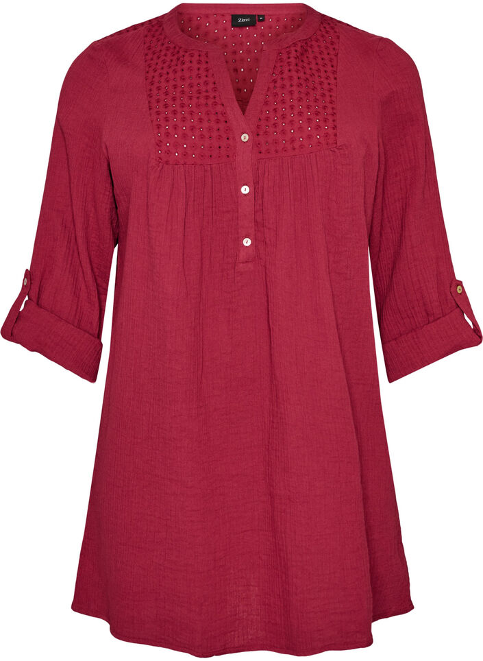 Bomullsmuslin tunika med broderie anglaise, R&oslash;d, Packshot image number 0