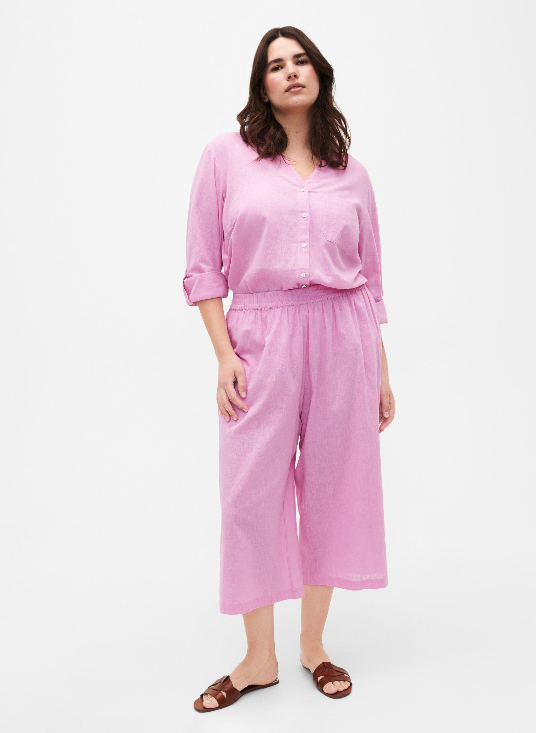 ZizziSkjortebluse med knappelukking i bomull-lin-blanding, Rosebloom, Model image number 2