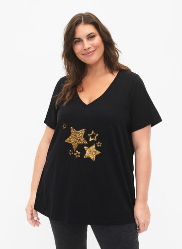 T-skjorte i bomull med paljetter, Black W. Star, Model image number 0