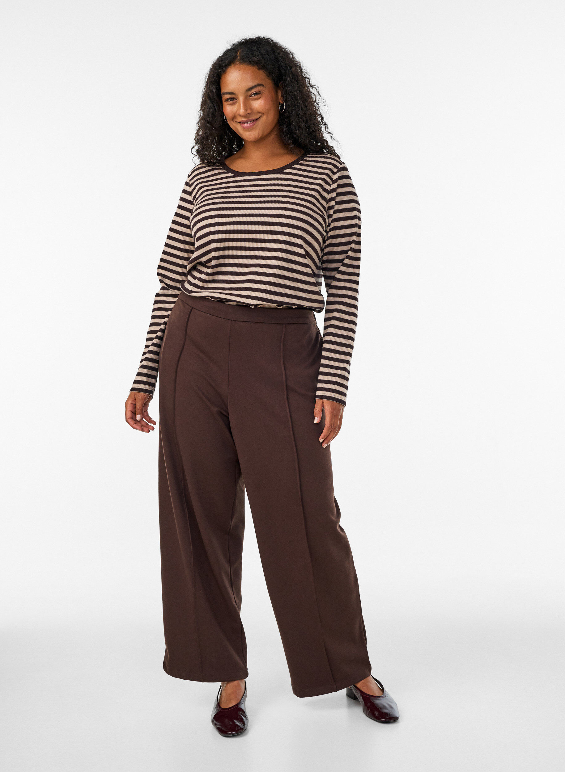 ZizziStripete bluse med lange ermer, Brun, Model image number 1