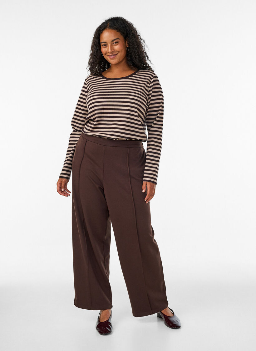 Stripete bluse med lange ermer, Brun, Model image number 1