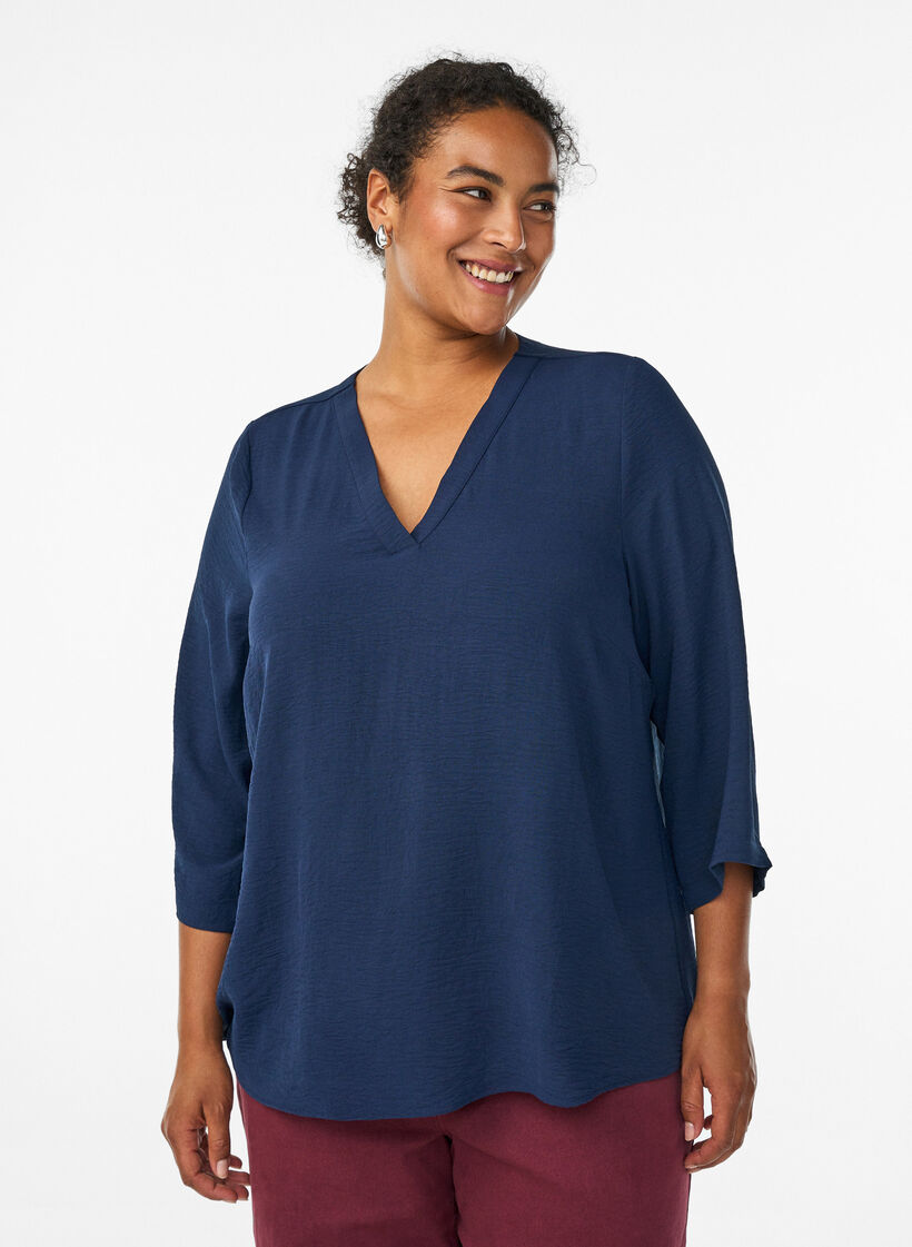 Bluse med 3/4 ermer, Bl&aring;, Model image number 0