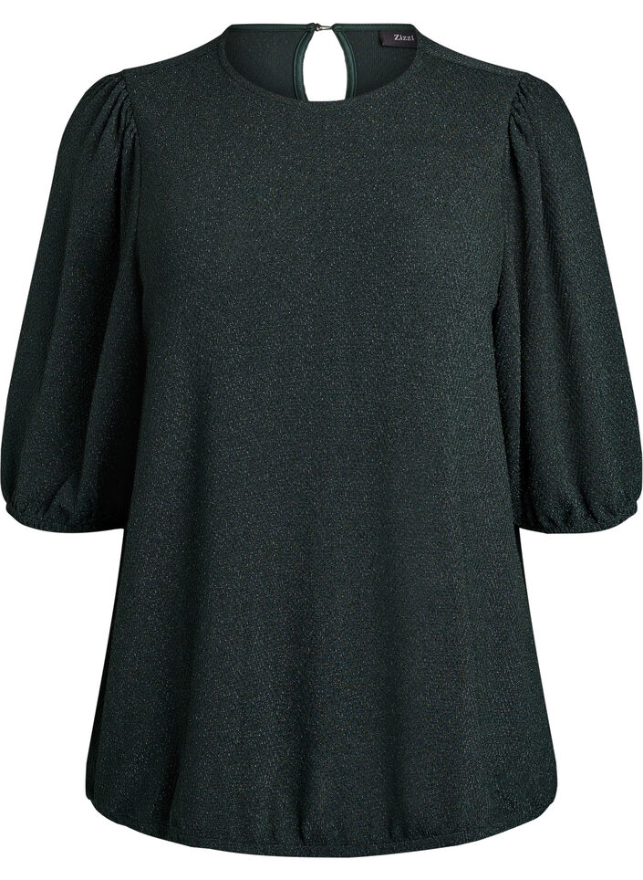 Bluse med glittermønster og 3/4 ermer, Grønn, Packshot image number 0