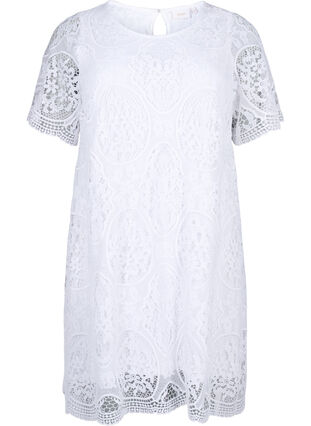 Kortermet festkjole med blonder, Bright White, Packshot image number 0