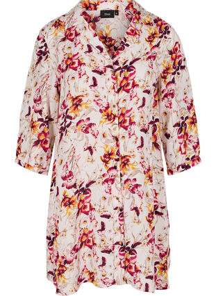 Skjortetunika i viskose med 3/4-ermer og mønster, Beige w. Flower AOP, Packshot image number 0