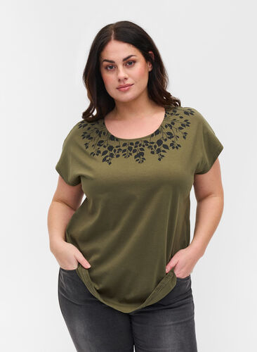 T-skjorte i bomull med mønster, Ivy Green Mel Leaf, Model image number 0