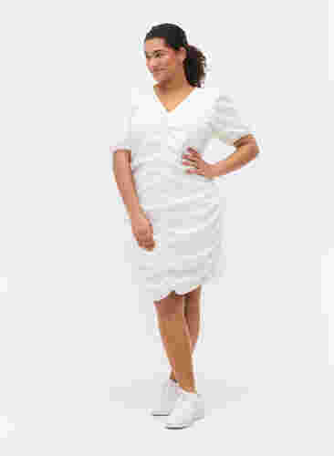Kortermet kjole med draperinger og struktur, Bright White, Model image number 3