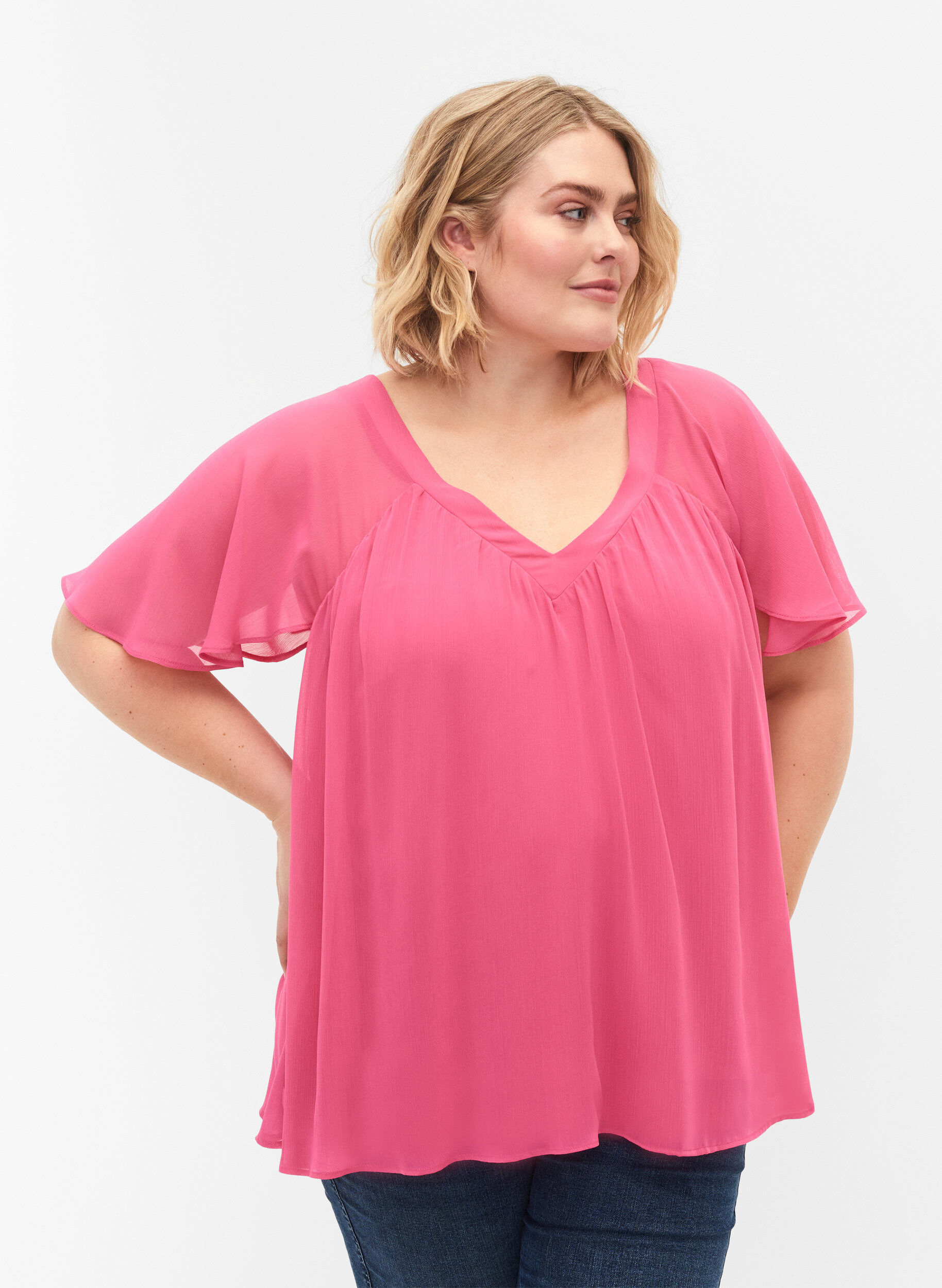 Zizzi Ensfarget bluse med flaggermusermer og V-hals, Shocking Pink, Model image number 0