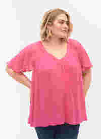 Ensfarget bluse med flaggermusermer og V-hals, Shocking Pink, Model