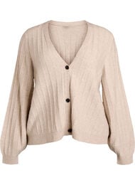 Cardigan med ribbet tekstur og ballongermer, Beige