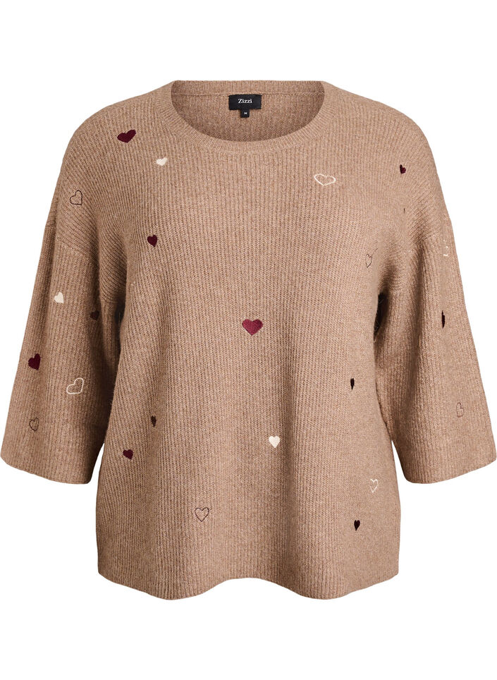 Genser med hjerter og 3/4 ermer, Brun, Packshot image number 0