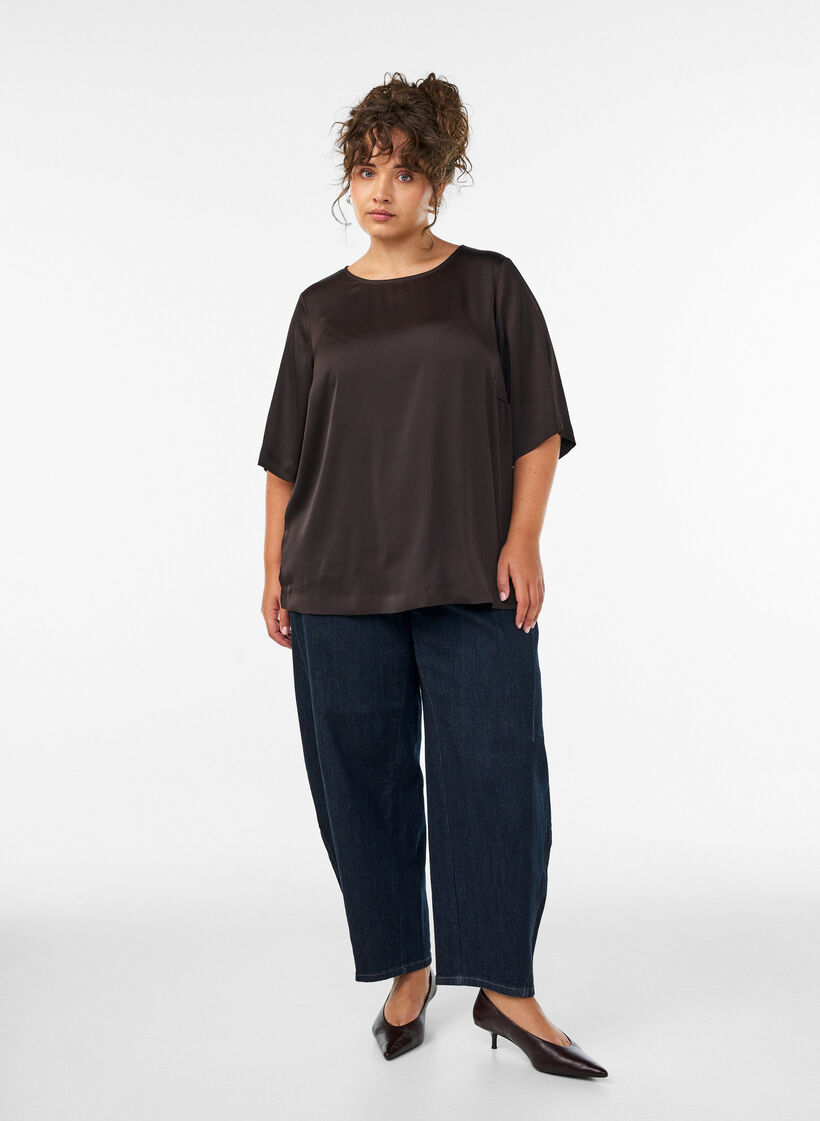 Satengbluse med albuelange ermer, Brun, Model image number 1