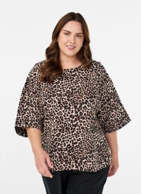 Bluse med stikningsdetaljer og 3/4-ermer, Brun Bluse med stikningsdetaljer og 3/4-ermer, Brun, Model