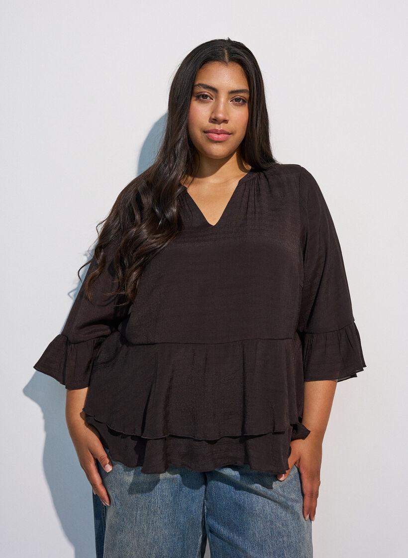 Bluse med 3/4-ermer og volangdetaljer, Brun, Model image number 0
