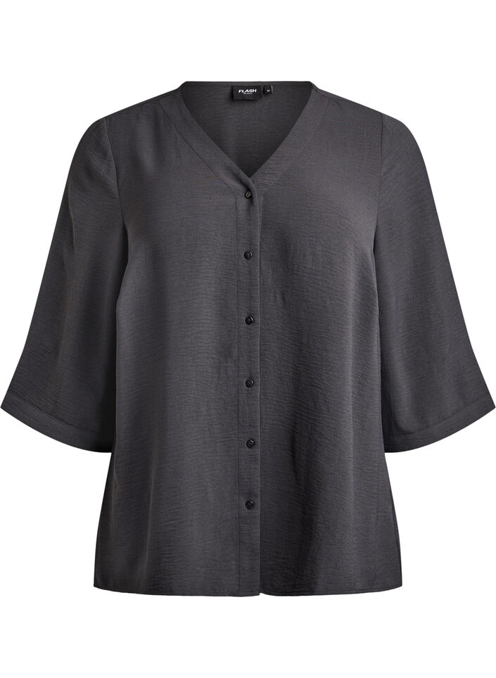 Skjortebluse med v-hals og 3/4 ermer, Gr&aring;, Packshot image number 0
