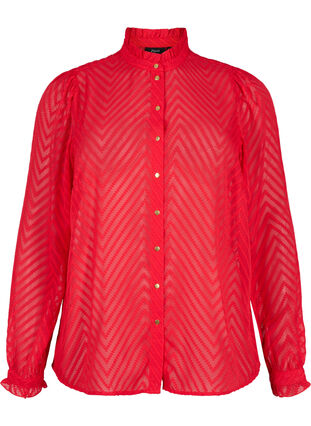 Skjortebluse med volanger og mønstret tekstur, Tango Red, Packshot image number 0