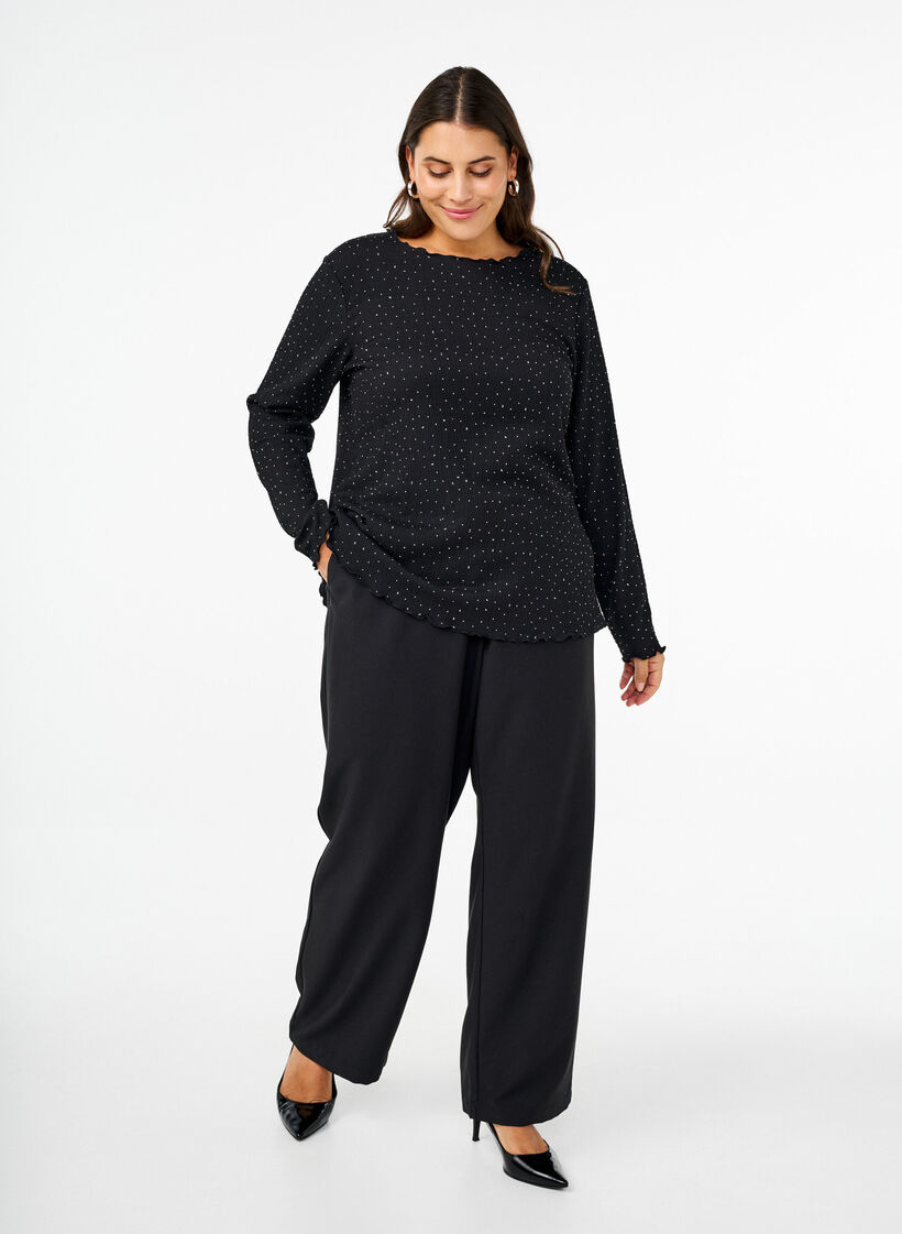 Langermet bluse med rhinsteiner, Svart, Model image number 1