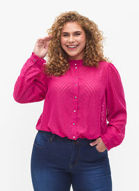 Skjortebluse med volanger og mønstret tekstur, Festival Fuchsia, Model