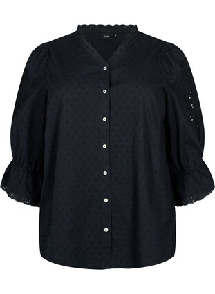 Strukturmønstret skjortebluse med engelsk broderi, Black, Packshot image number 0