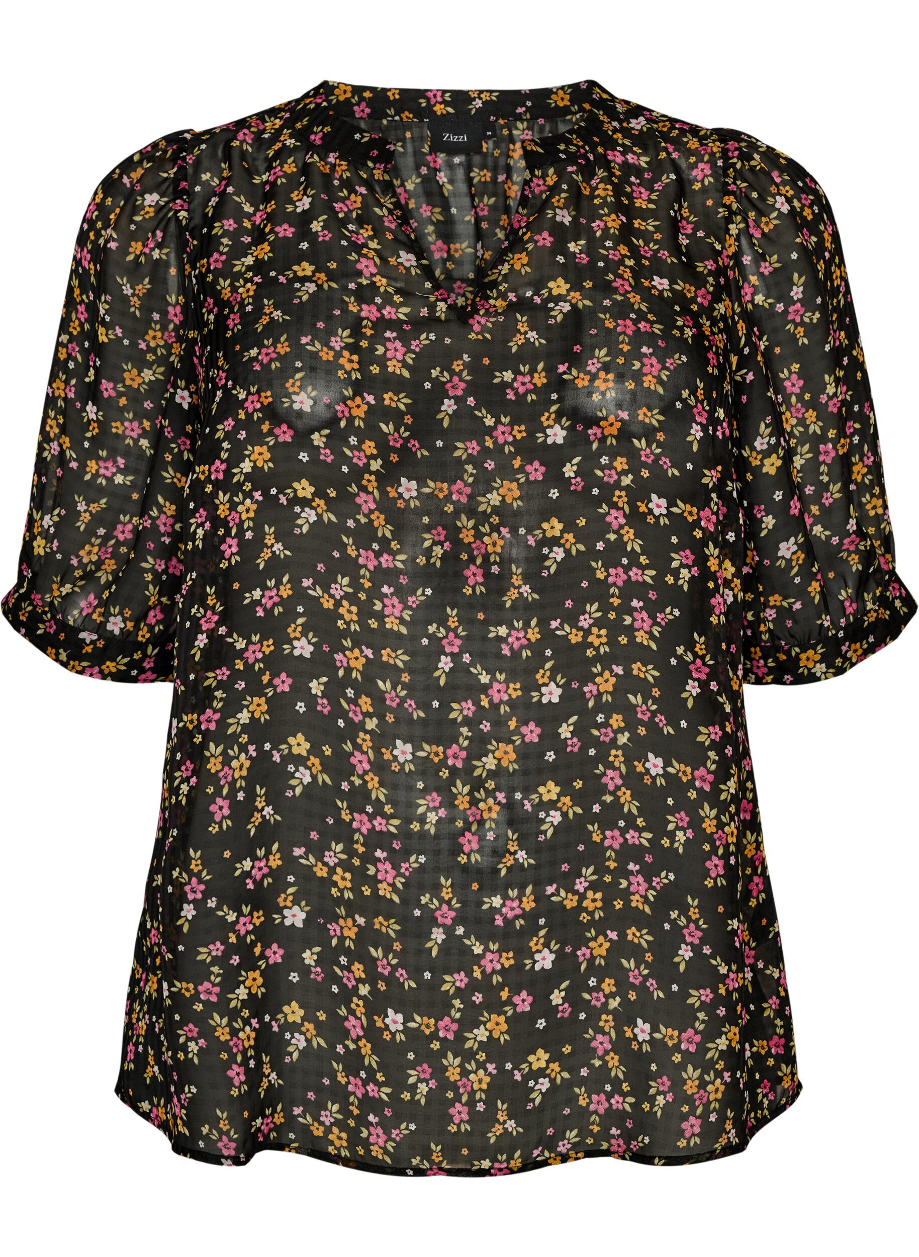 Bluse med blomstertrykk og V-hals