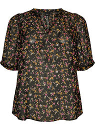 Bluse med blomstertrykk og V-hals, Svart