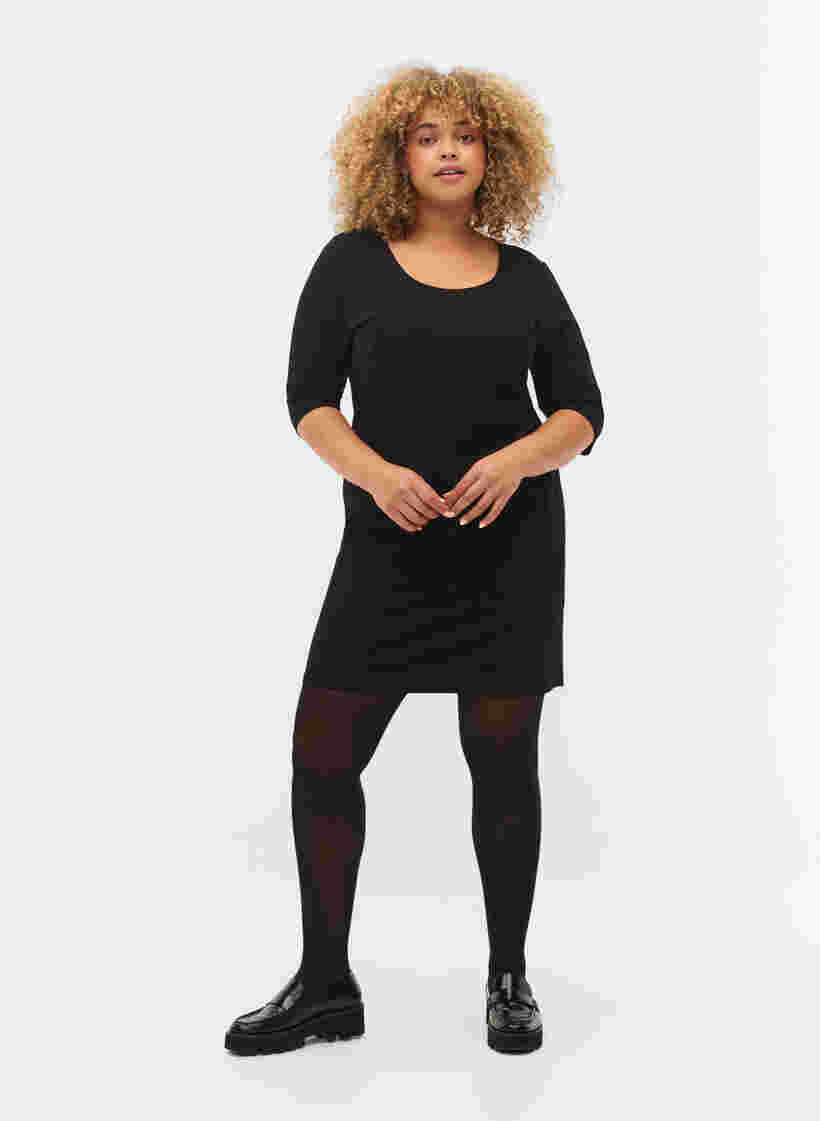 Ensfarget kjole med 3/4-ermer og splitt, Black, Model image number 3