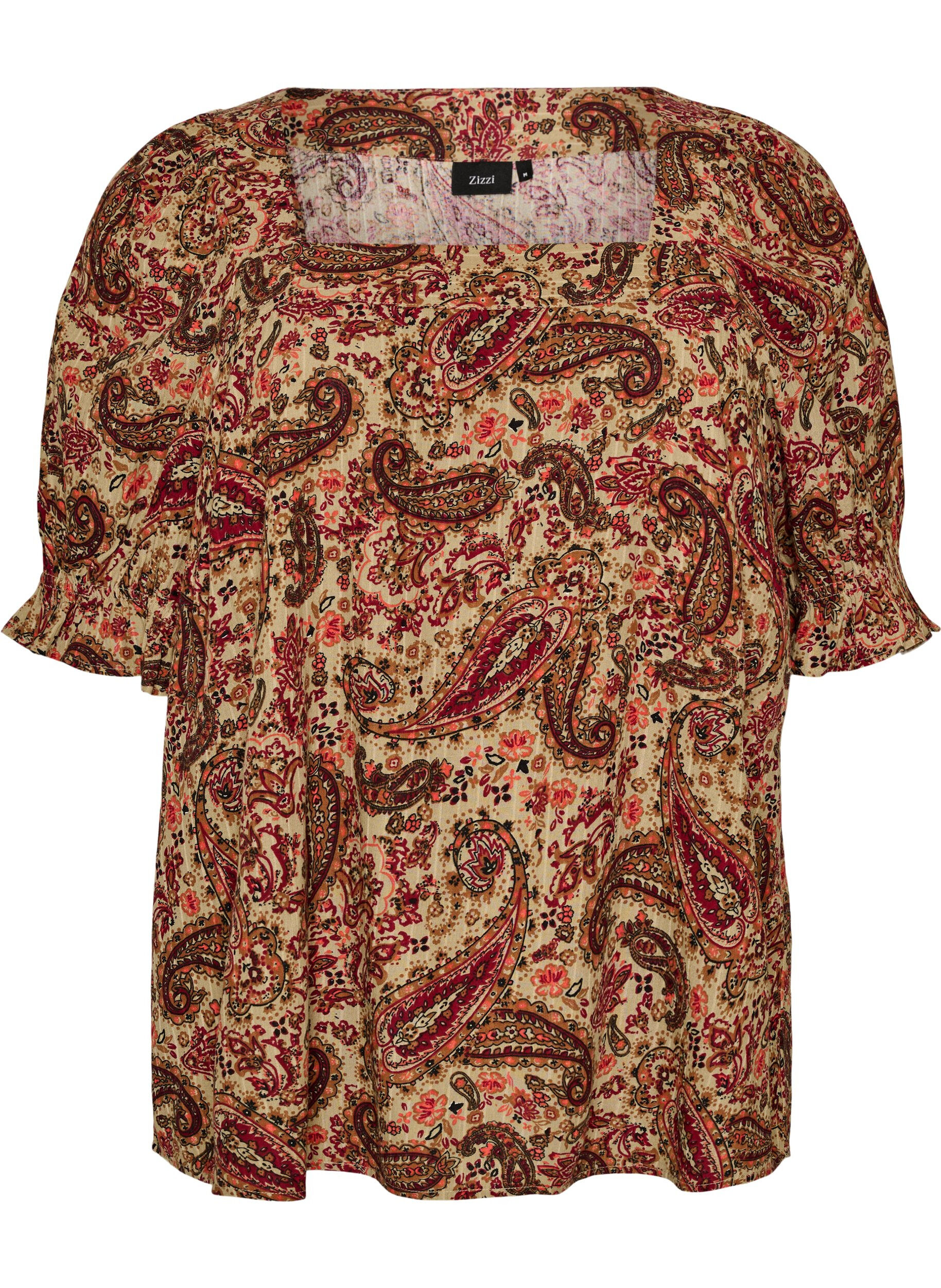 ZizziViskose bluse med paisleym&oslash;nster og firkantet utringning, Brun, Packshot image number 0
