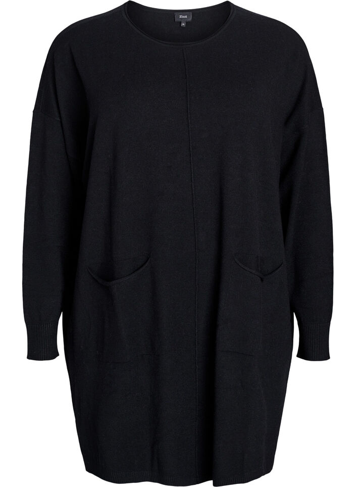 Kort strikkjole med midtsøm og lommer, Svart, Packshot image number 0
