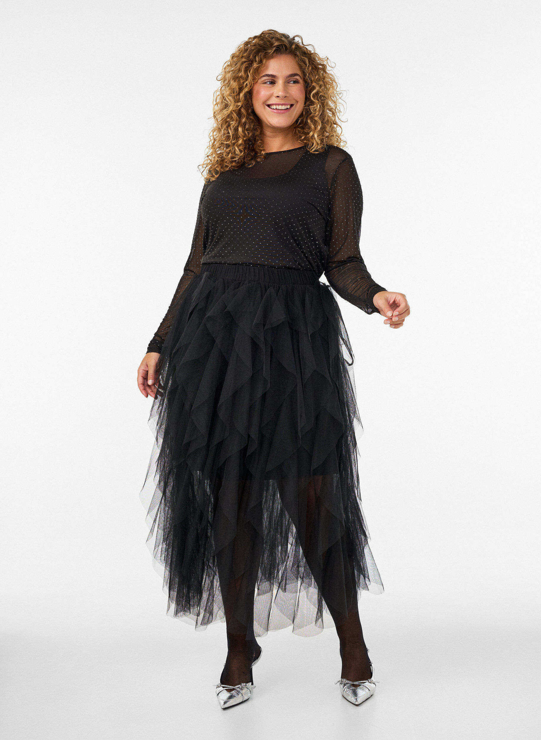 ZizziGjennomsiktig meshbluse med rhinesteiner, Svart, Model image number 1