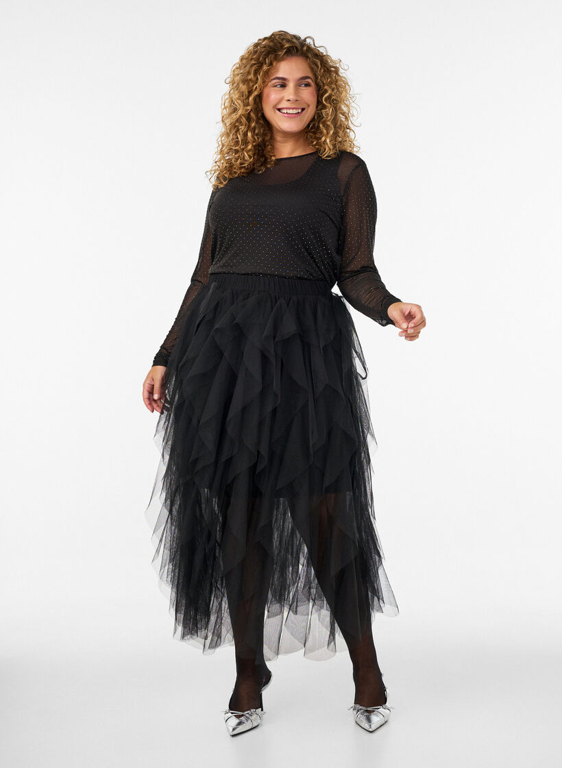 Gjennomsiktig meshbluse med rhinesteiner, Svart, Model image number 1