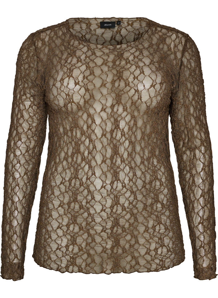 Bluse i mesh med m&oslash;nster og glitrende tr&aring;d, Brun, Packshot image number 0