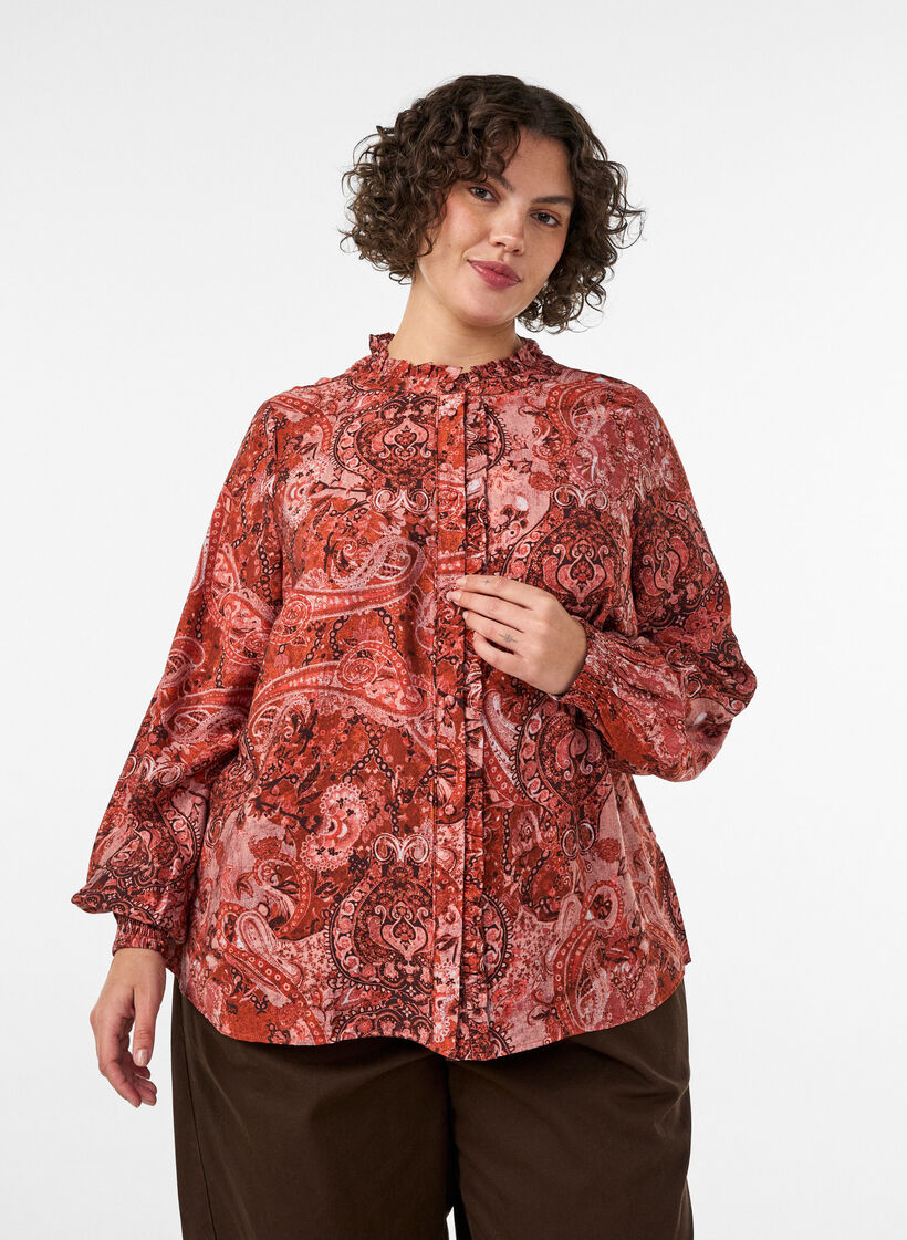 Viskosebluse med paisleytrykk og volanger, Orange, Model image number 0