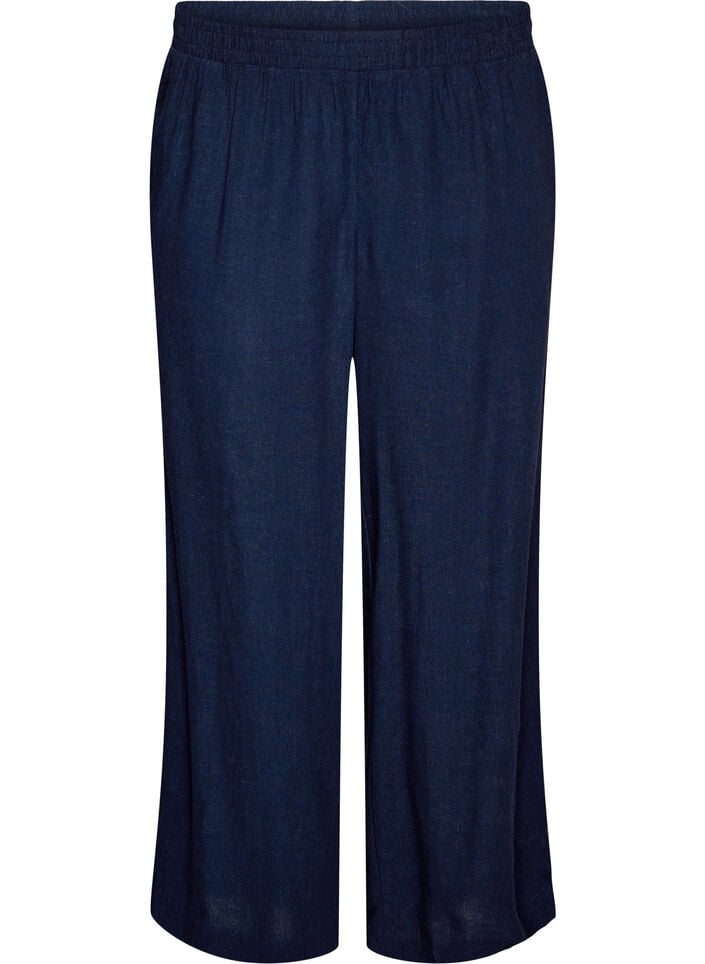 Bukser med vide ben i lin og viskose, Bl&aring;, Packshot image number 0