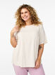 Vevet bluse med korte ermer og rund hals, Beige, Model image number 0