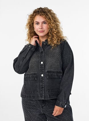 Zizzi Denimjakke med rhinesteiner og store frontlommer, Grey Denim, Model image number 0