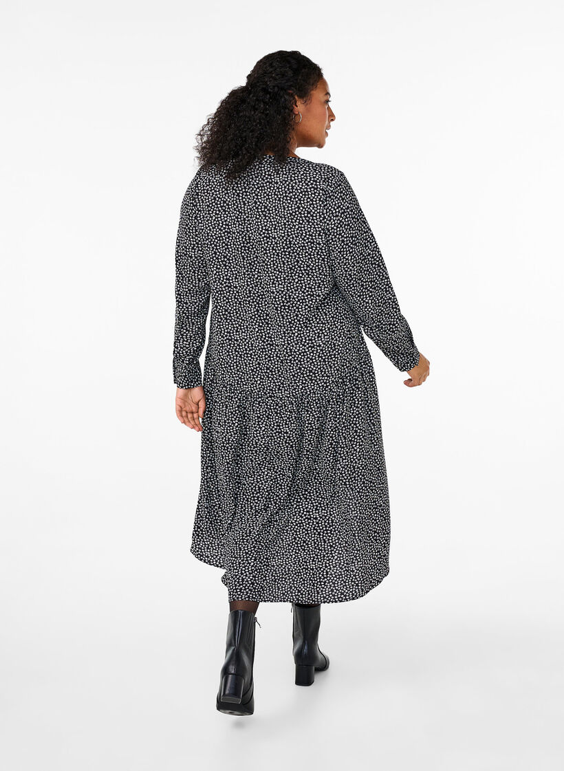 Midi-kjole med lange ermer, Black Small Flower, Model image number 1