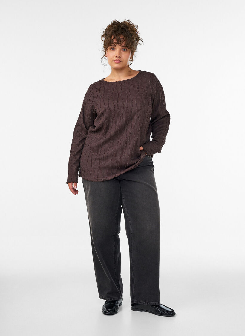 Jerseybluse med en b&oslash;lget tekstur, Brun, Model image number 1