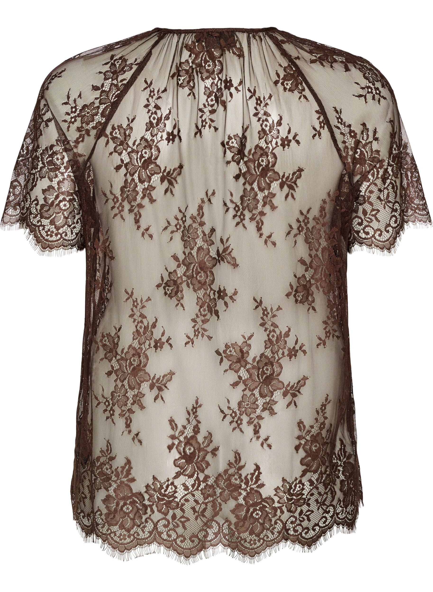 ZizziKortermet bluse med blonder og knyting, Brun, Packshot image number 1