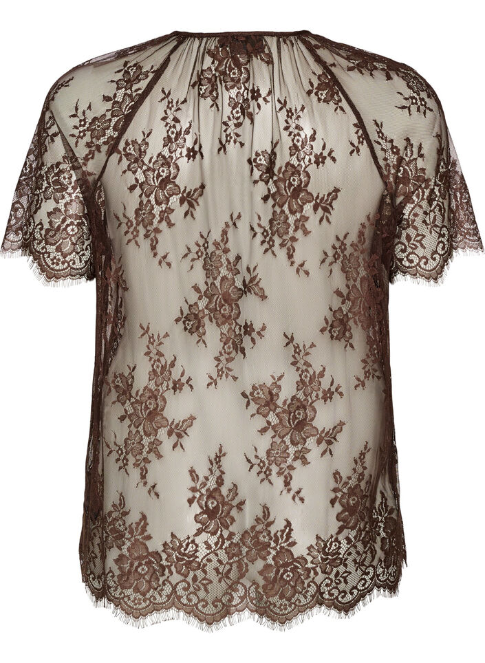 Kortermet bluse med blonder og knyting, Brun, Packshot image number 1