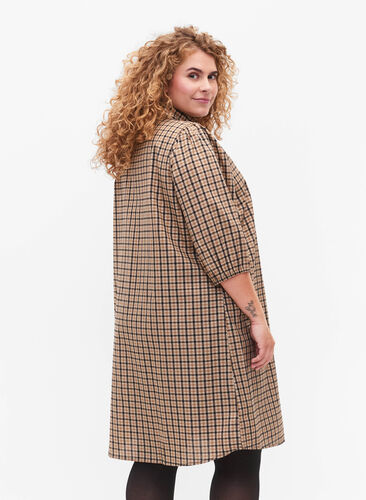3/4 ermet rutete kjole med glidelås, Brown Check , Model image number 1