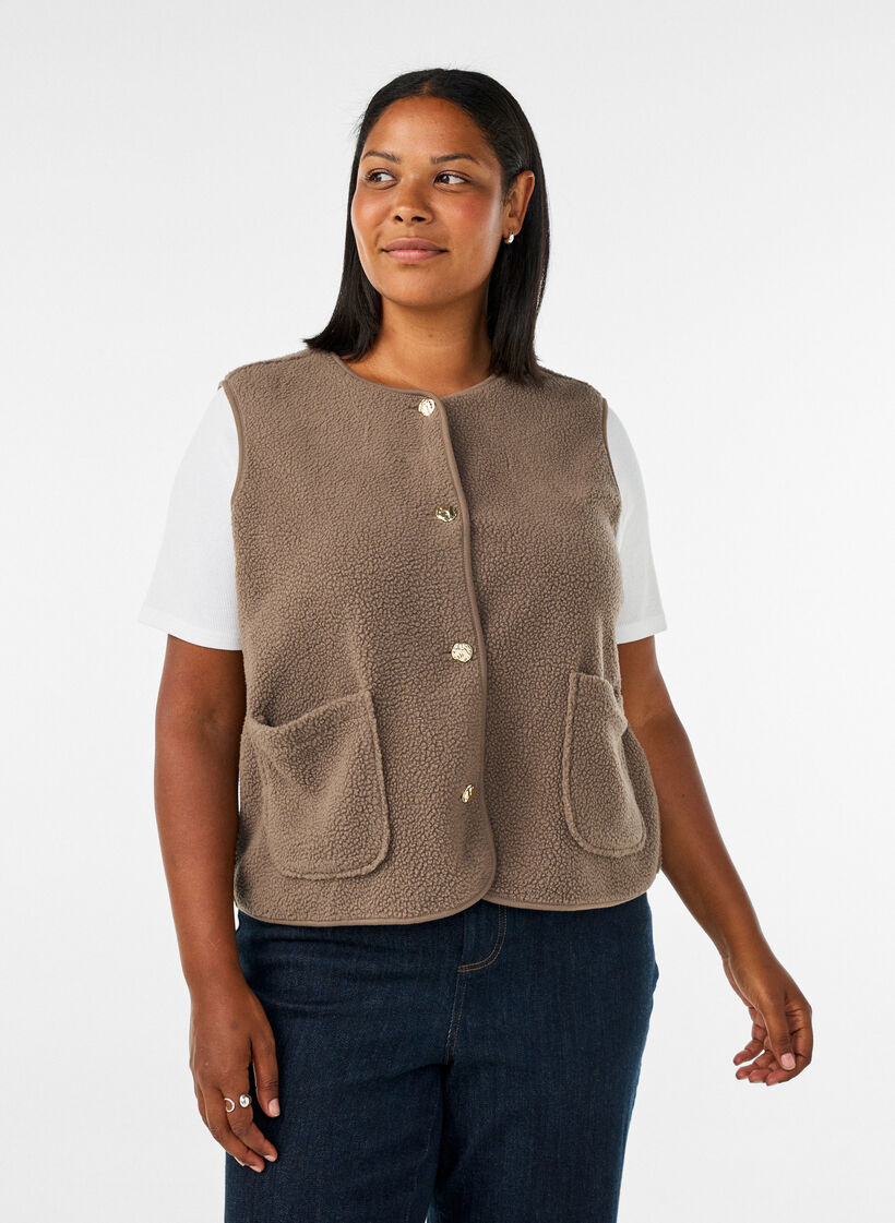 Teddy gilet med knapper og lommer, Brun, Model image number 0