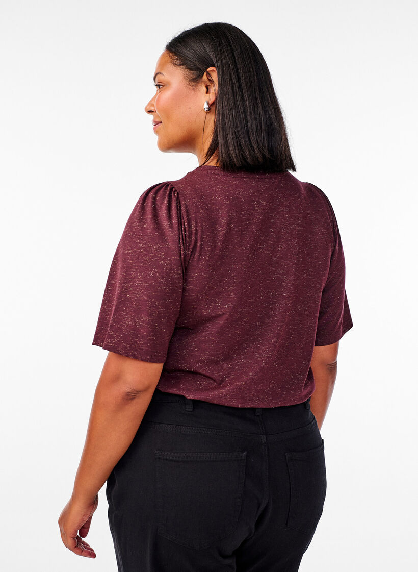 T-skjorte med glitter og korte puffermet, Mørk Bordeaux, Model image number 2