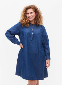 Denimkjole med lange ermer, Blue denim, Model