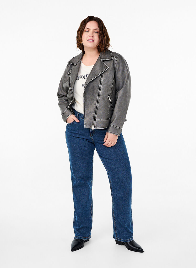Jakke i kunstskinn med slitt look, Dark Grey Wash, Model image number 3