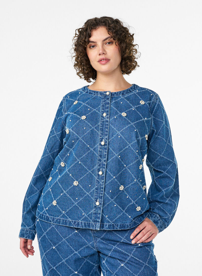 Denimskjorte med &oslash;delagt m&oslash;nster og perledetaljer, Bl&aring;, Model image number 0