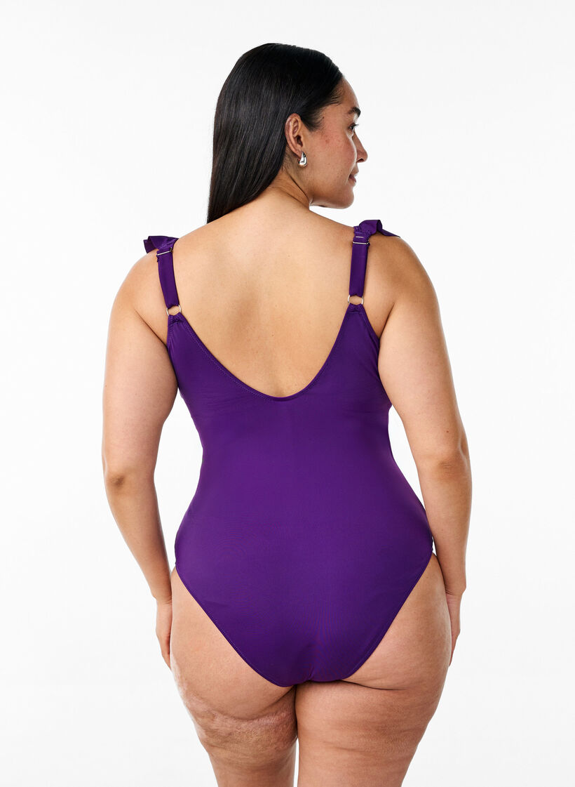 Badedrakt med volanger og uttagbare innlegg, Lilla, Model image number 1