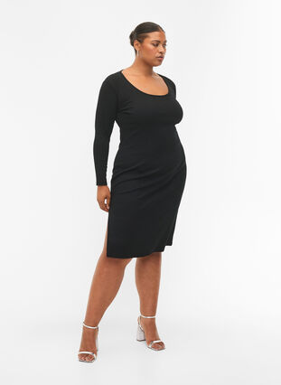 Kroppsnær kjole med splitt og lange ermer, Black, Model image number 3