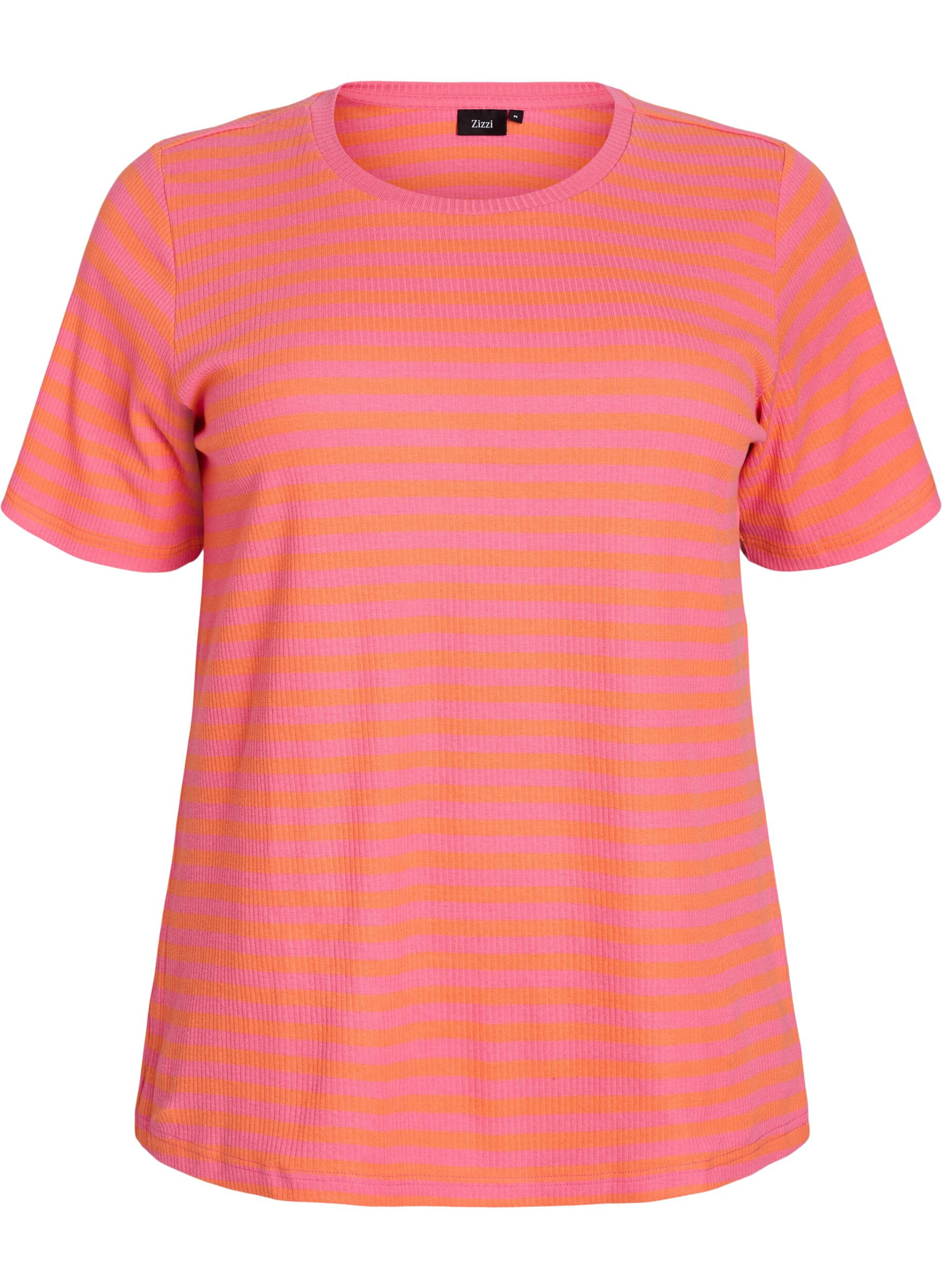 Zizzi T-shirt med striper og ribbestrikket struktur, Orange, Packshot image number 0