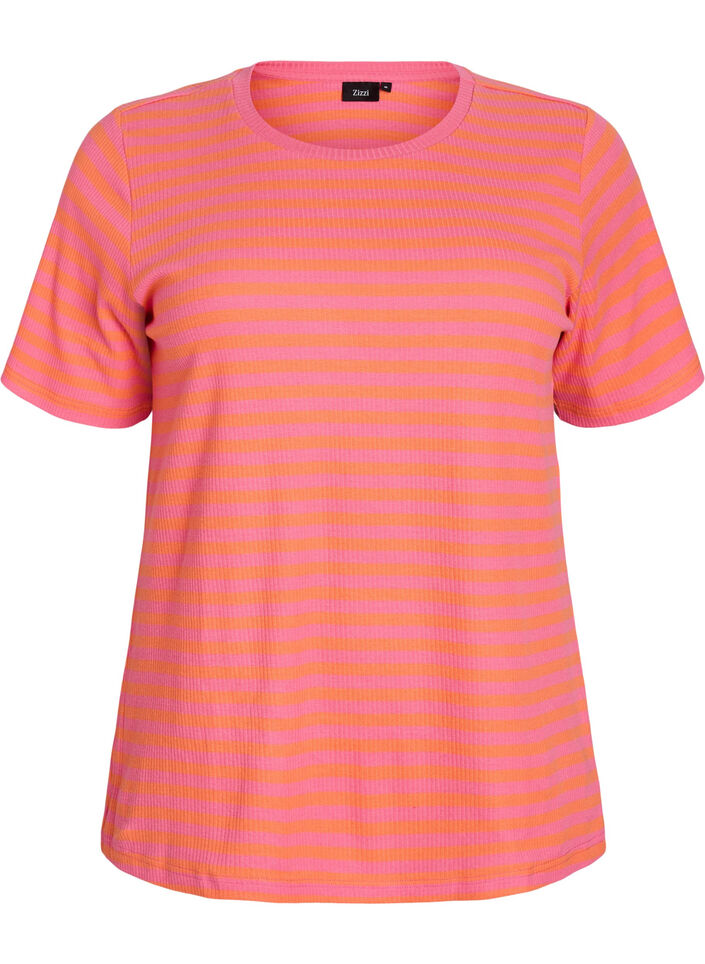 T-shirt med striper og ribbestrikket struktur, Orange, Packshot image number 0